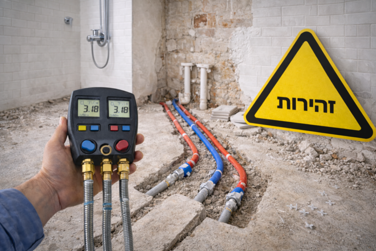 מבחן לחץ בצנרת חדר רחצה בשיפוץ